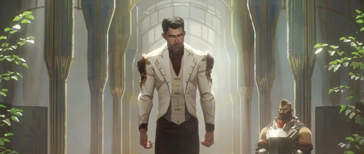Arcane (2021) movie still: fullbody — A spacious, airy atrium features tall vertical pillars with ornate gold and blue patterns. A man in a light…