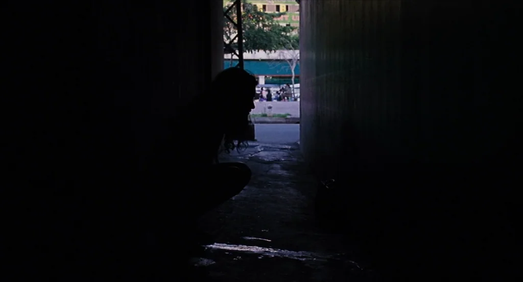 Almayer’s Folly (2011) movie still: medium — A dark concrete underpass creates a tunnel with light entering from the far end. A woman in silhouette…
