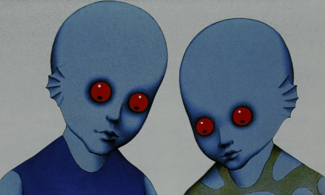 Fantastic Planet (1973) movie still: medium — Two pale blue humanoids with large red eyes occupy a plain, light-colored background. They stand…