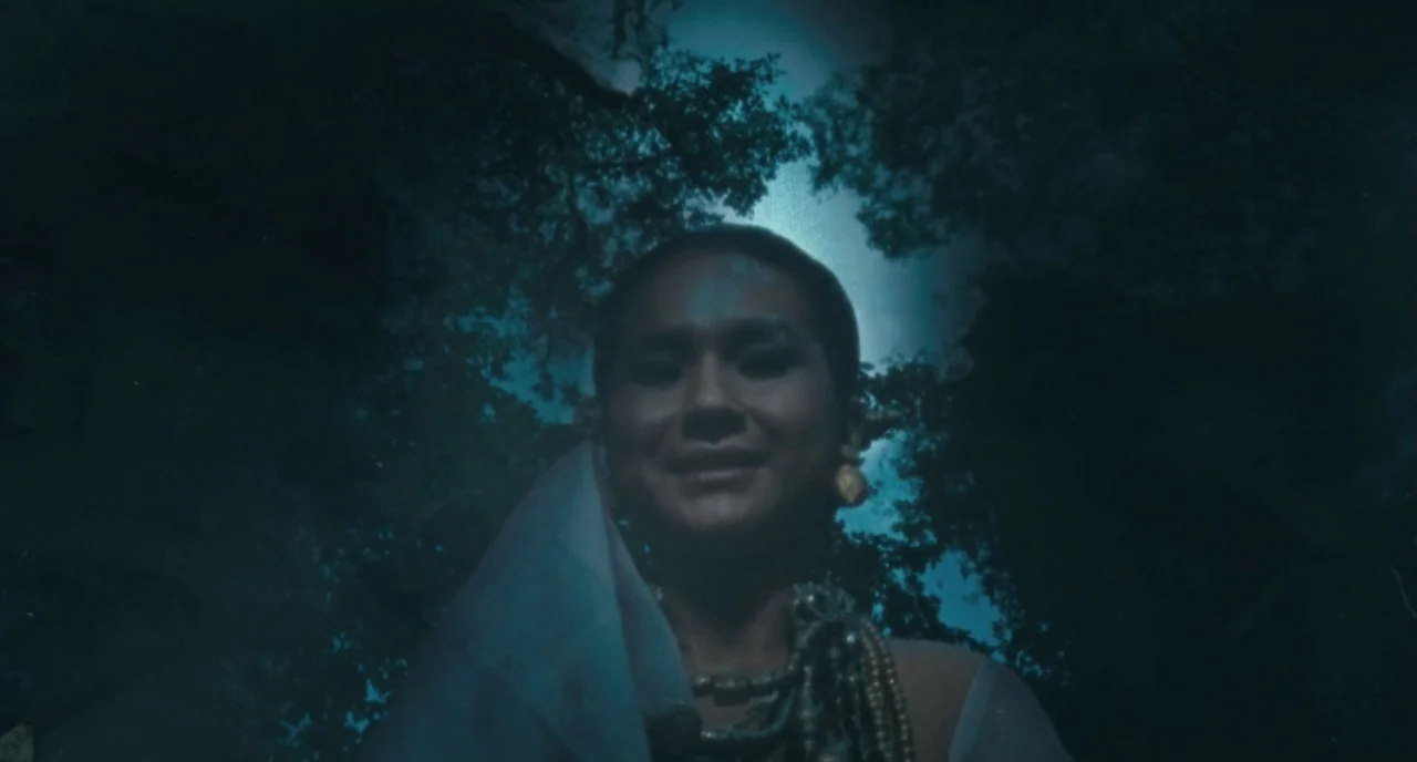 Uncle Boonme Who Can Recall His Past Lives (2010) movie still: closeup — A dark, dense jungle canopy at night looms above a person's head. A woman…