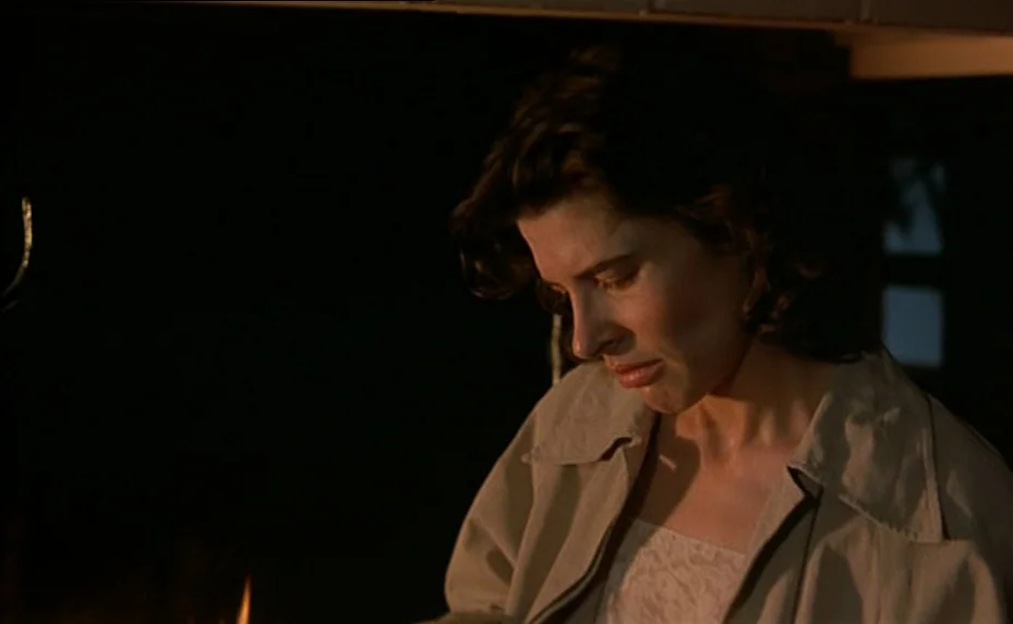 The Woman Next Door (1981) movie still: closeup — A dimly lit interior space with a warm, flickering light source off-screen. A woman stands in the…