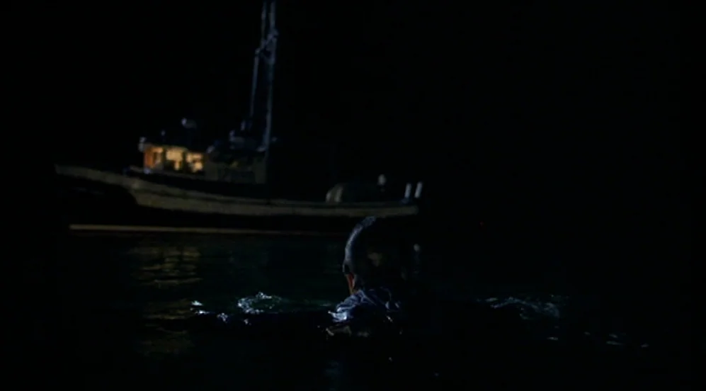 Limbo (1999) movie still: wide — A person swims in dark water at night near a stationary fishing boat. The lit windows of the vessel provide the…