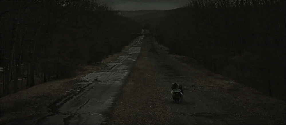 The Road (2009) movie still: wide — A long, cracked, asphalt road stretches through a dense, leafless winter forest. Two figures walk away from the…