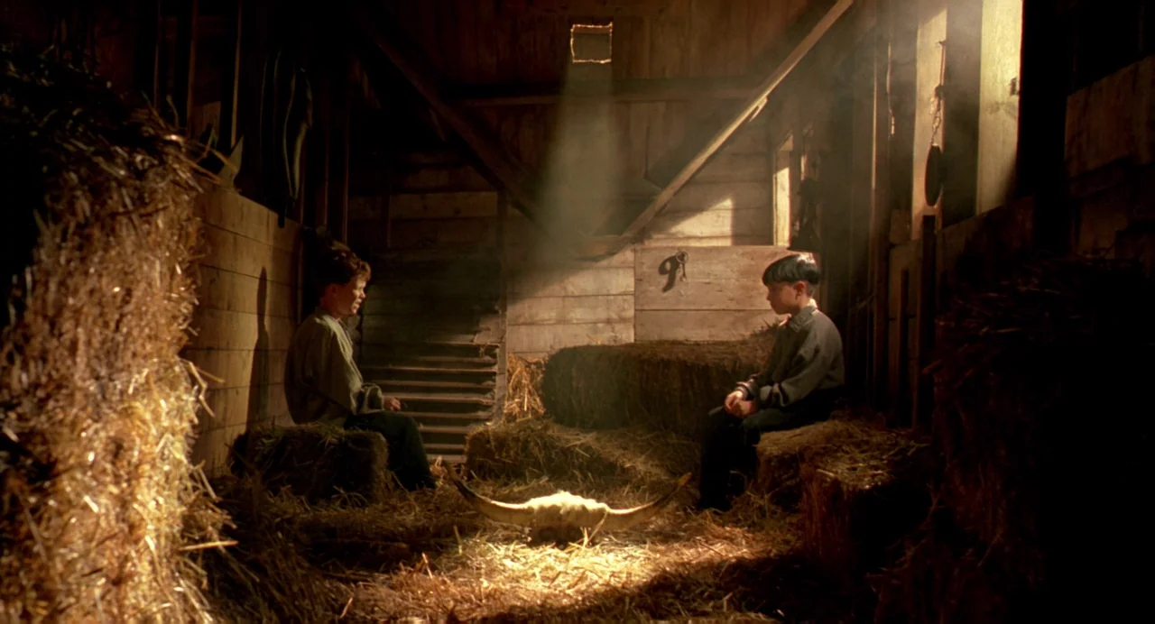 The Reflecting Skin (1990) movie still: wide — An interior of a rustic barn with wooden walls and piles of scattered hay. Two young boys sit on hay…