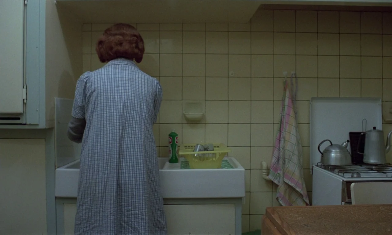 Jeanne Dielman, 23, quai du commerce, 1080 Bruxelles (1975) movie still: medium — A modest kitchen features cream-colored wall tiles and a white…