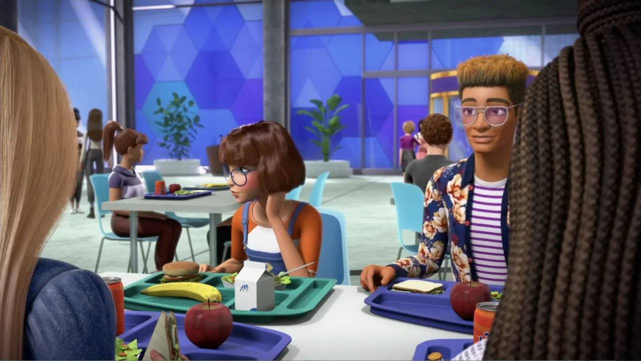 Barbie: Big City, Big Dreams (2021) movie still: medium — A modern school cafeteria features blue geometric wall panels and large glass windows.…