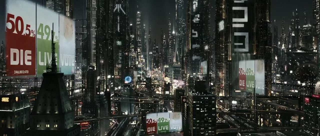 Mr. Nobody (2009) movie still: establishing — A dense urban environment featuring towering skyscrapers covered in glowing digital advertisements and…