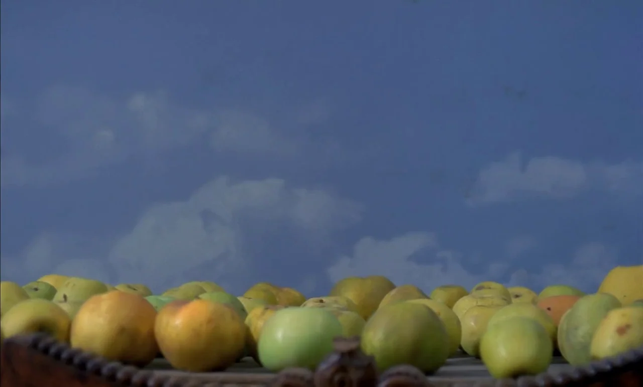 The Conformist (1970) movie still: closeup — A collection of yellow and green apples rests on a wooden surface outdoors. A deep blue sky with soft…