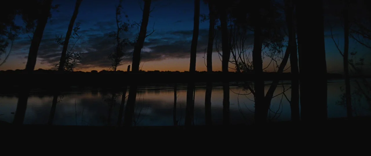 Mud (2012) movie still: establishing — A tranquil river or lake is viewed through the dark silhouettes of vertical tree trunks. The horizon is…