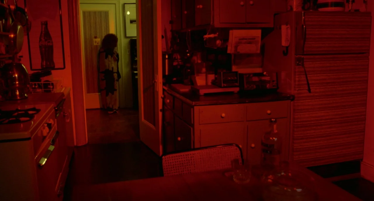 Liquid Sky (1982) movie still: wide — A dark residential room is entirely saturated by a deep red color cast. A person stands facing away from the…