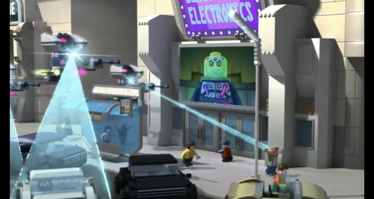 LEGO DC Comics Super Heroes: Justice League - Cosmic Clash (2016) movie still: wide — A bustling city street made of toy blocks features high-tech…