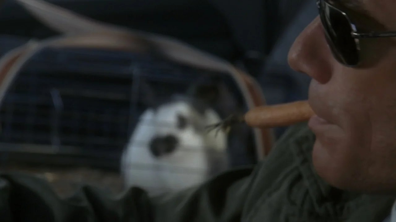 The Shepherd (2023) movie still: closeup — Interior of a car with a man sitting in the foreground. A pet carrier containing a rabbit sits on the…