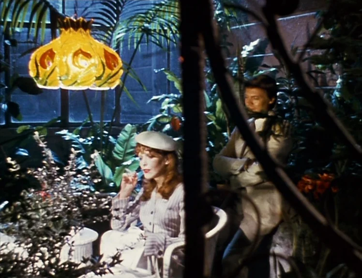 Martha (1974) movie still: medium — A dense room filled with various potted palms and tropical plants at night. A woman sits in a white chair while…