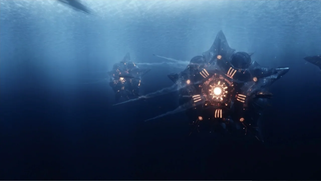 Aquaman and the Lost Kingdom (2023) movie still: wide — Several massive, star-shaped mechanical crafts hover in the dark depths of the ocean. The…