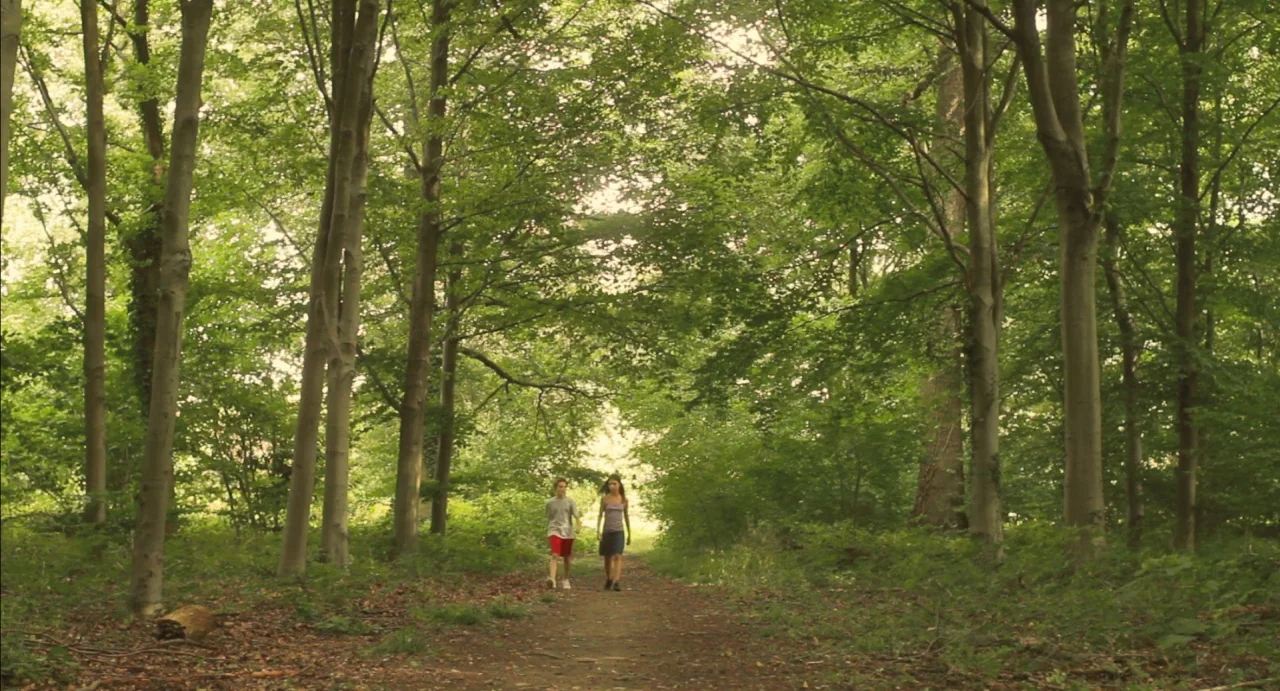 Tomboy (2011) movie still: wide — A narrow dirt trail cuts through a dense forest with tall deciduous trees. A male and female teenager walk along…