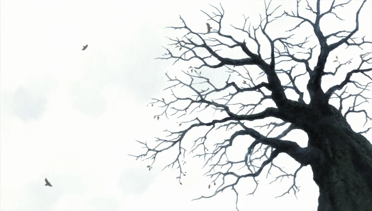 Wolf Children (2012) movie still: establishing — A leafless, dark-trunked tree stands against an extremely bright, overexposed white sky. Two small…
