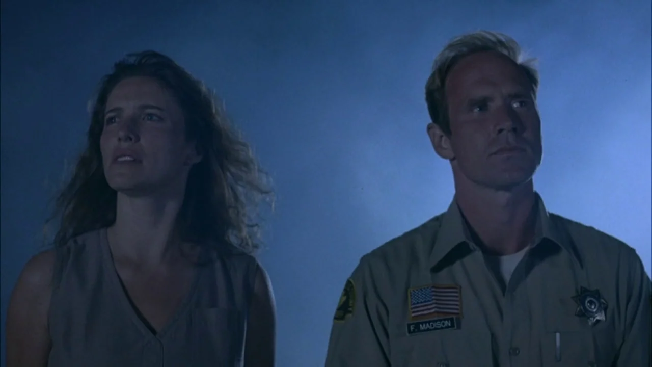 The Rapture (1991) movie still: medium — A woman and a sheriff stand in a dark, empty field at night. Both look toward the side of the frame while…