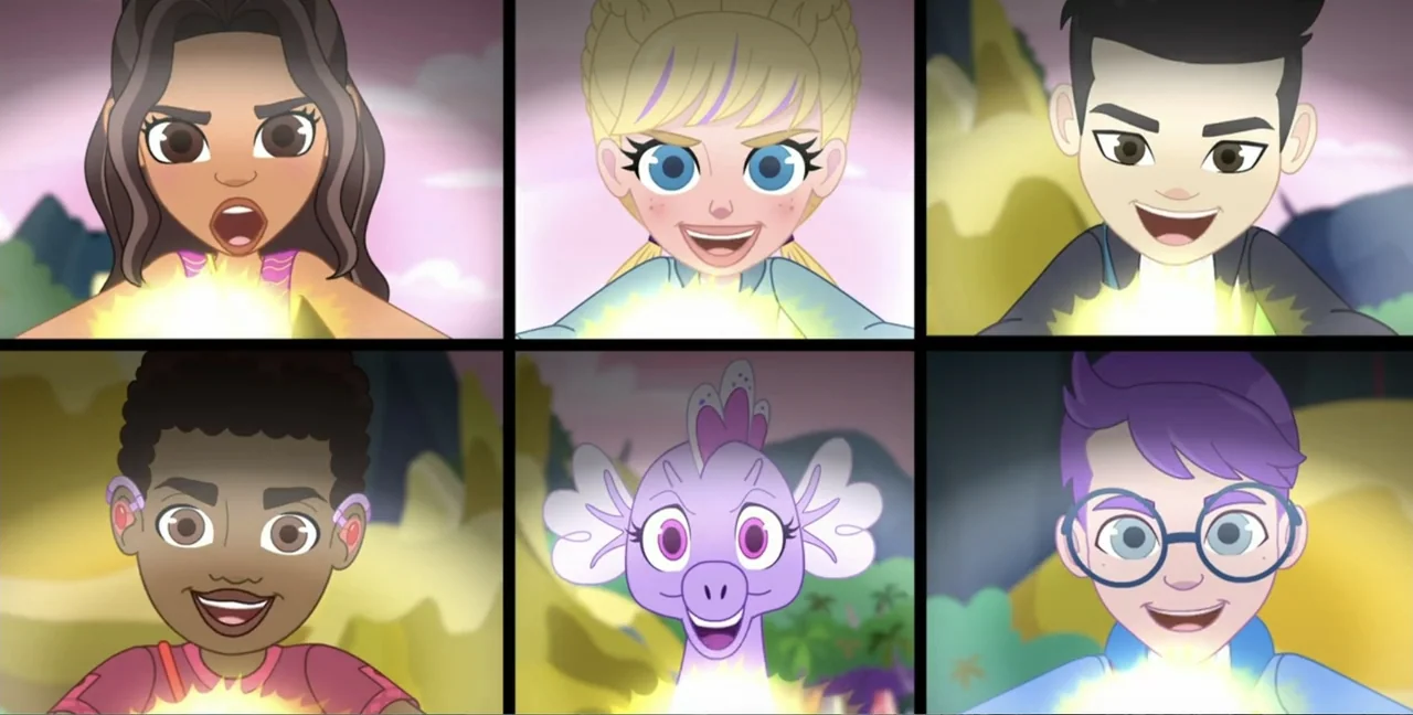 Polly Pocket Sparkle Cove Adventure (2023) movie still: closeup — A split-screen composition displays six characters holding luminous energy in a…
