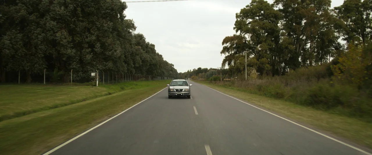 When Evil Lurks (2023) movie still: wide — An asphalt road stretches forward between dense lines of tall trees and grass. A silver Volkswagen car…