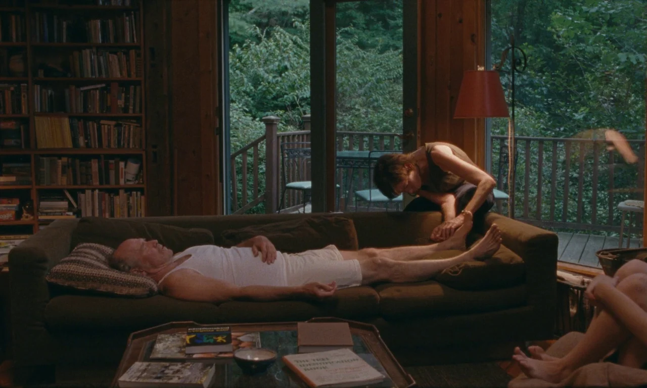 Janet Planet (2023) movie still: wide — A wood-paneled living room features a large bookshelf, a sofa, and sliding glass doors. A woman is kneeling…