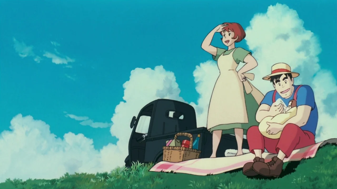 Kiki’s Delivery Service (1989) movie still: wide — A grassy hill under a bright blue sky with large fluffy clouds. A woman stands beside a small…