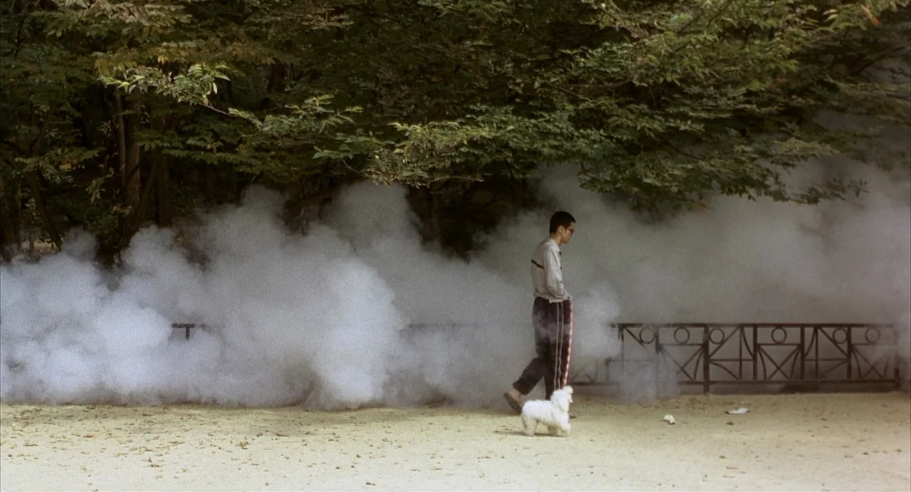 Barking Dogs Never Bite (2000) movie still: wide — A dense cloud of thick white smoke billows along a park path in front of trees. A young man walks…