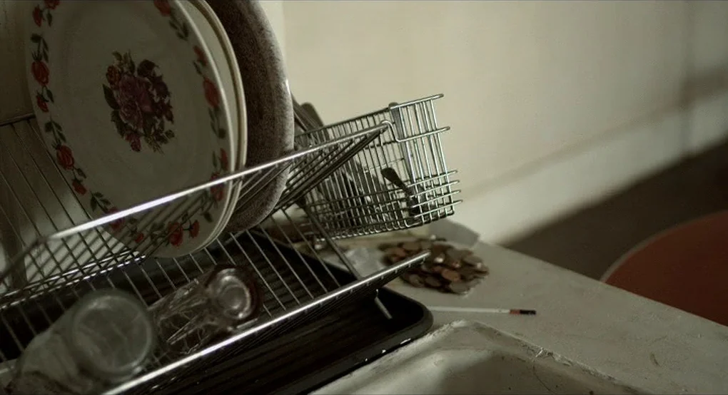 The Future (2011) movie still: closeup — A metal dish rack sits on a white counter next to a sink. Floral-patterned plates and a drinking glass…