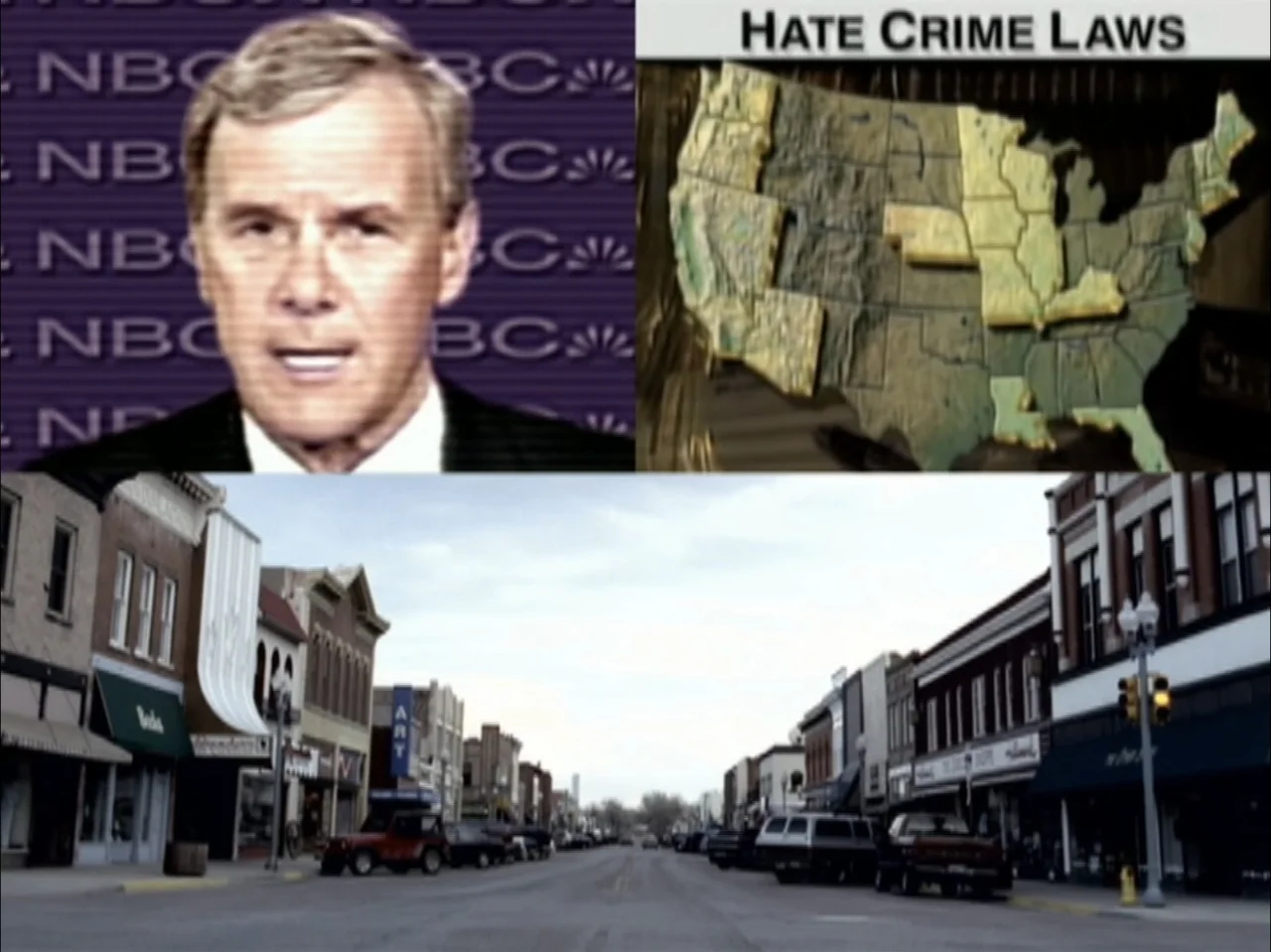 The Laramie Project (2020) movie still: establishing — A historic American main street is lined with multi-story brick buildings and parked…