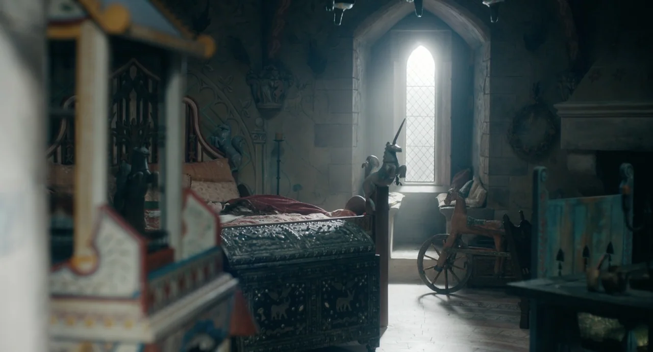 Catherine Called Birdy (2022) movie still: medium — A medieval stone nursery interior features an ornate bed and a wooden hobby horse. Sunlight…