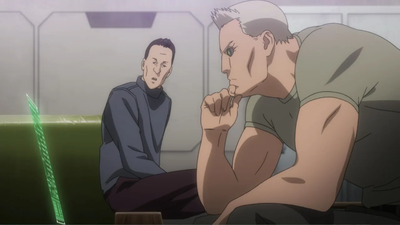 Ghost in the Shell: Arise - Border 3: Ghost Tears (2014) movie still: medium — A spartan interior with white wall panels and a green seating bench.…