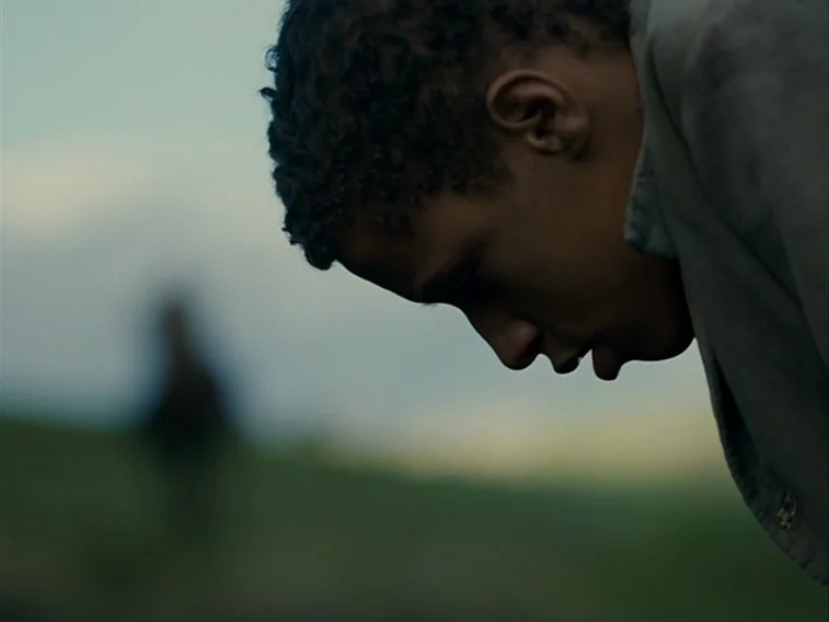 Wuthering Heights movie still: closeup — An open grassy field under a fading twilight sky. A young boy looks down toward the ground in profile.