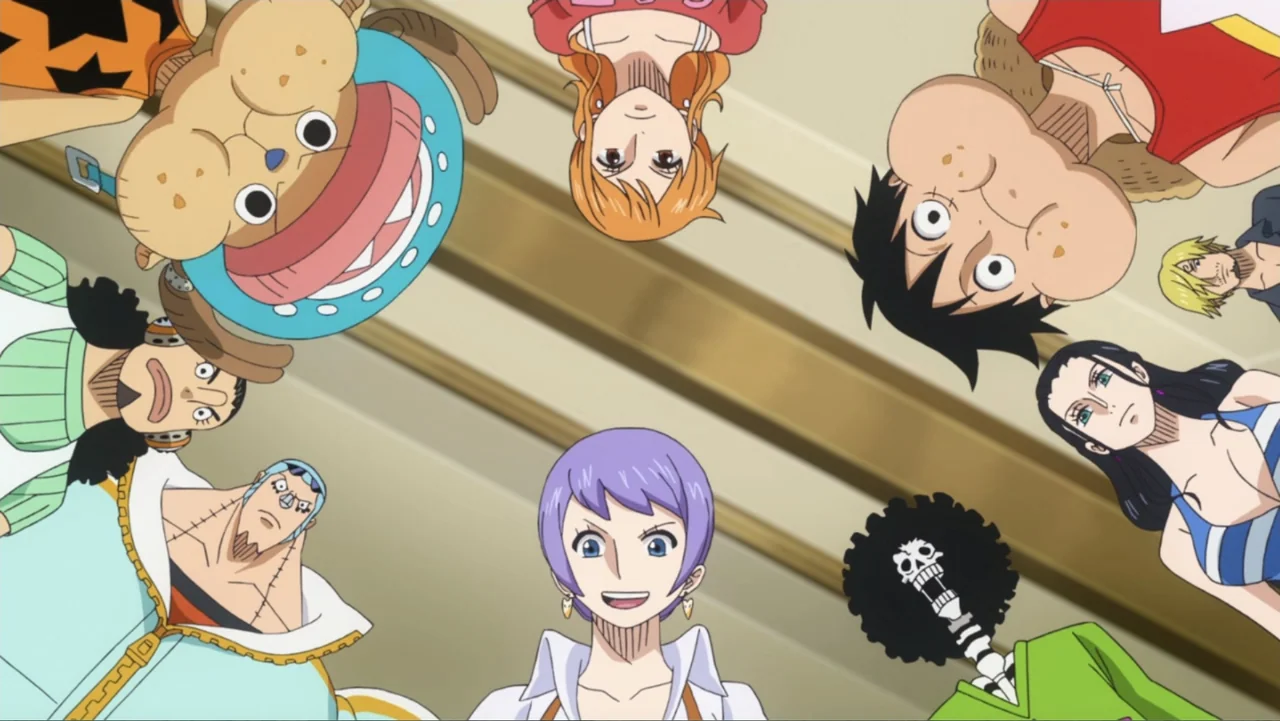 One Piece Film: GOLD (2016) movie still: medium — A group of nine animated characters lean downward toward the camera from all sides. The background…
