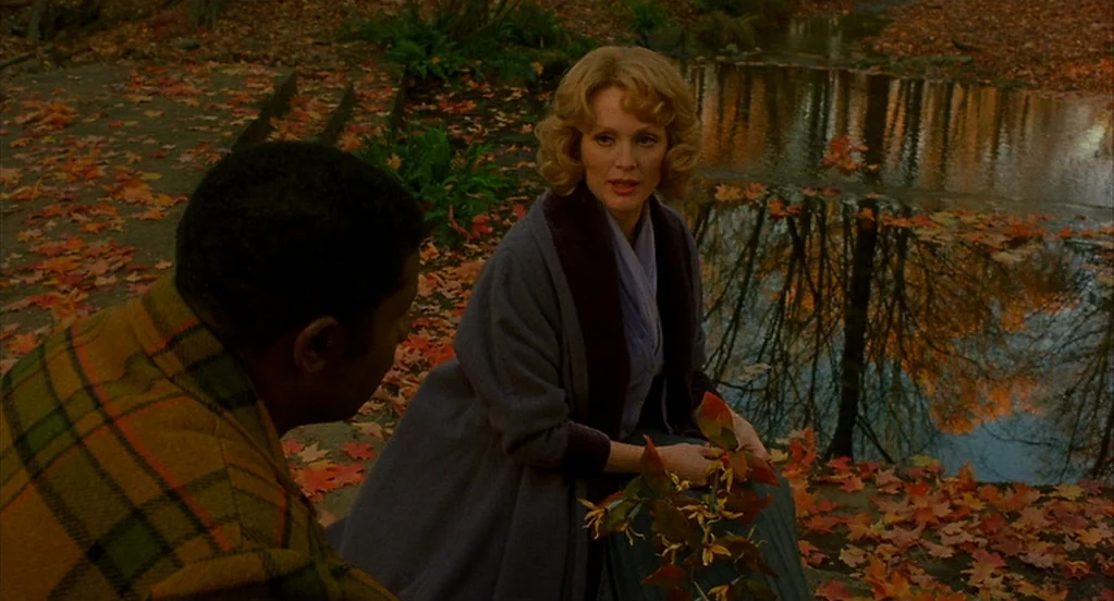 Far From Heaven (2002) movie still: medium — An autumn park setting with scattered colorful maple leaves on the ground near water. A man and a woman…