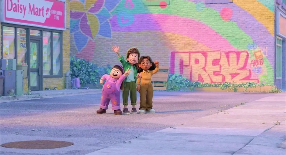 Turning Red (2022) movie still: fullbody — A group of three children stands in front of a colorful brick wall with graffiti. They are posing and…