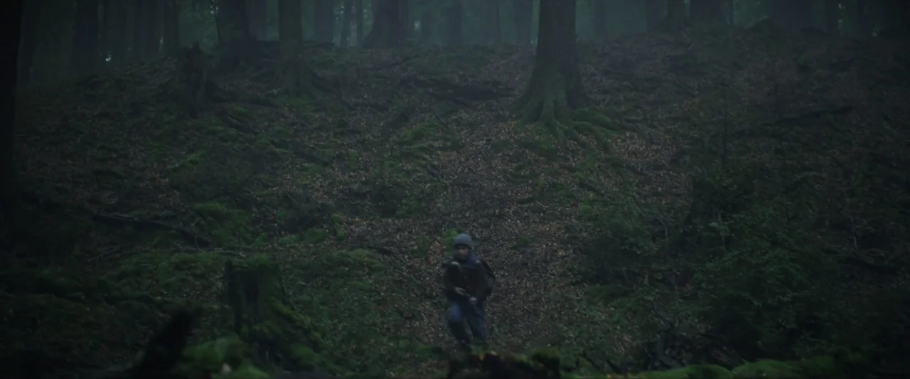 Wolf Man (2025) movie still: wide — A dense forest slope covered in moss and scattered fallen leaves beneath dark trees. A person wearing a beanie…