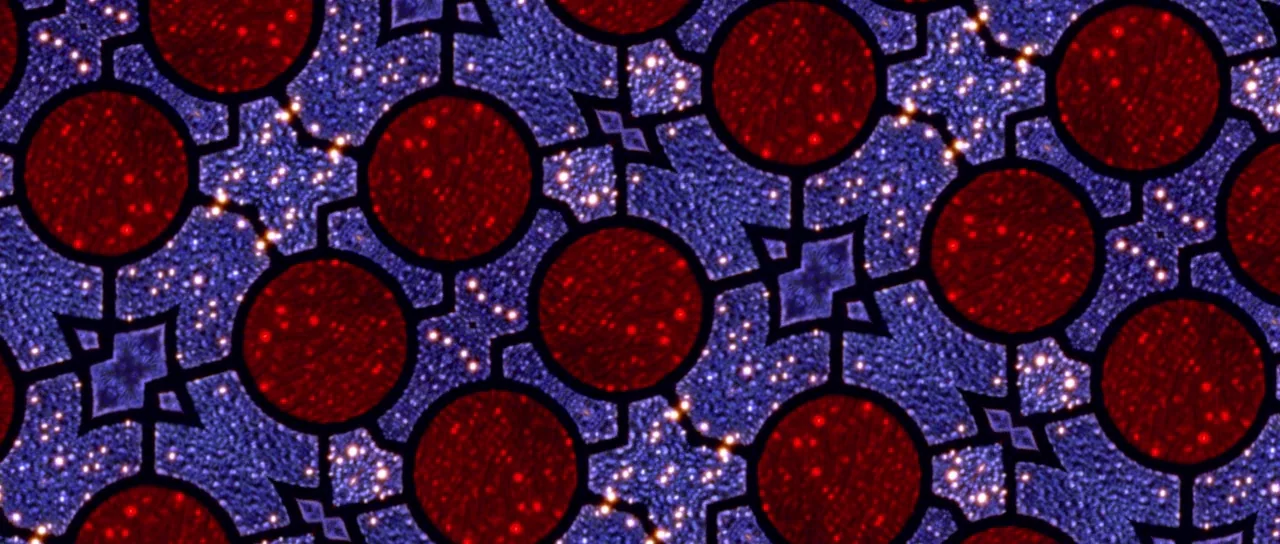 The Strange Colour of Your Body’s Tears (2013) movie still: closeup — A repeating geometric pattern consists of solid red glass circles set in…