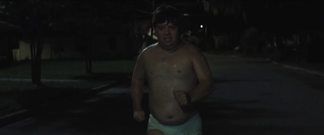 The Peanut Butter Falcon (2019) movie still: medium — A dark residential street at night features sparse foliage and distant house silhouettes. A…