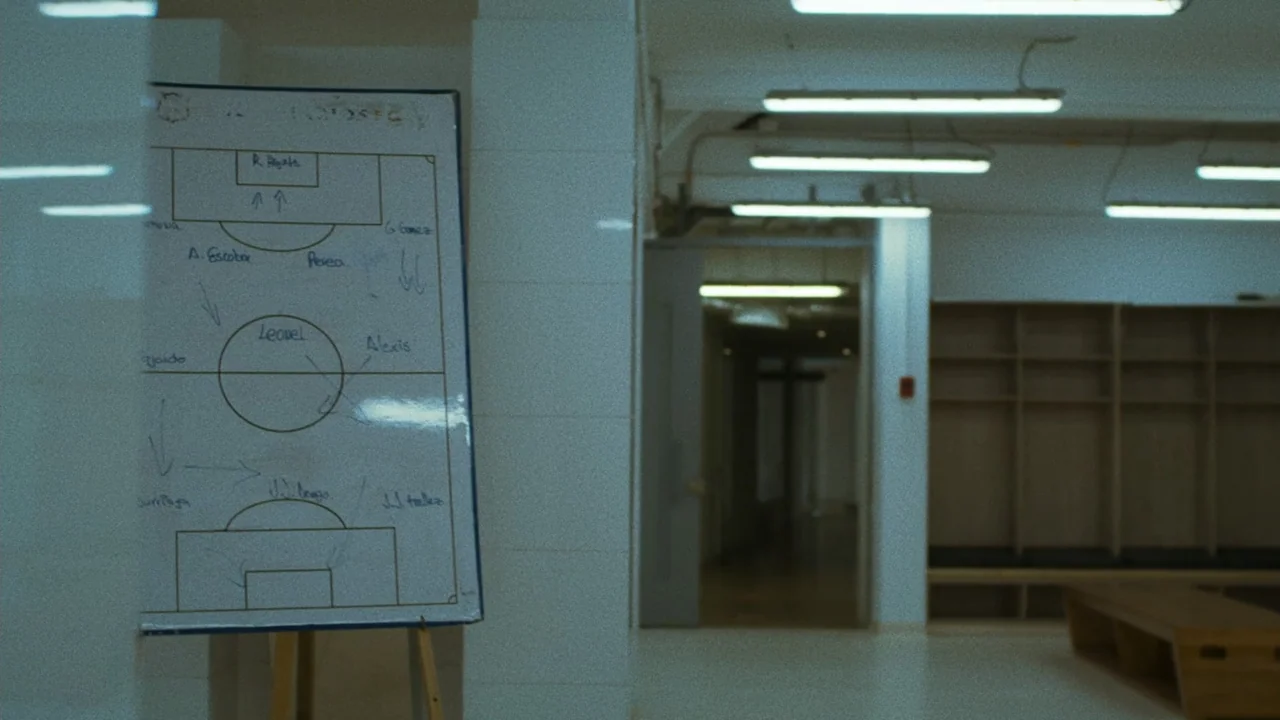 An Affair: A Dangerous Sexual Play (2014) movie still: medium — A quiet locker room features a whiteboard on a stand in the foreground. Empty wooden…