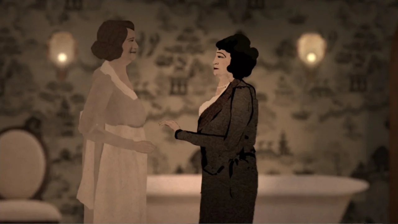 Nothing Left Unsaid: Gloria Vanderbilt & Anderson Cooper (2016) movie still: medium — A 1920s bathroom features wallpaper with black illustrative…