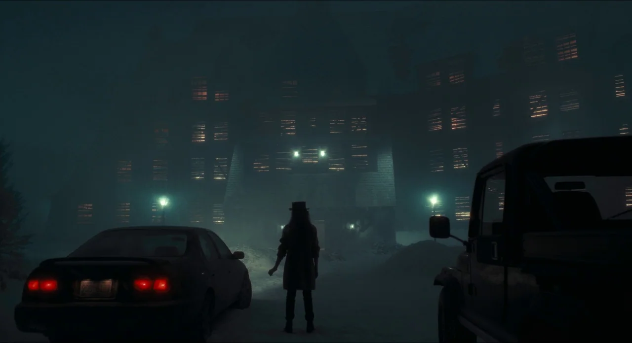 Doctor Sleep movie still: wide — A figure stands in a snow-covered area at night in front of a building. Multiple windows in the dark architecture…