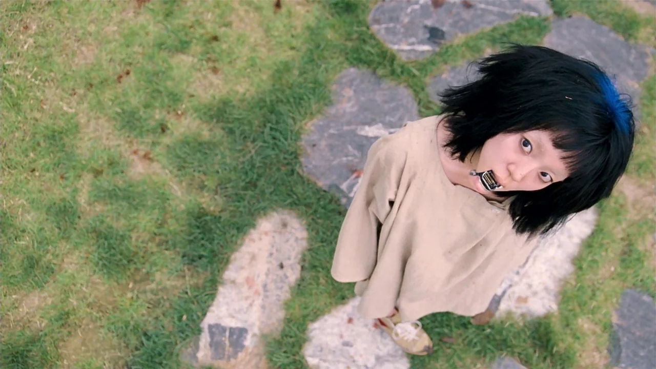 I’m A Cyborg, But That’s Okay (2006) movie still: medium — A person stands on a path made of large grey stones set into green grass. The person…