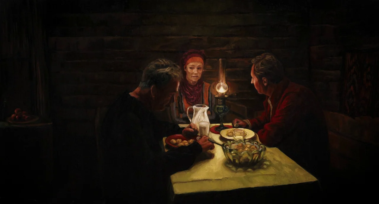 The Peasants (2023) movie still: medium — A dimly lit room with dark wood walls holds a small table at night. Three people sit around the table…