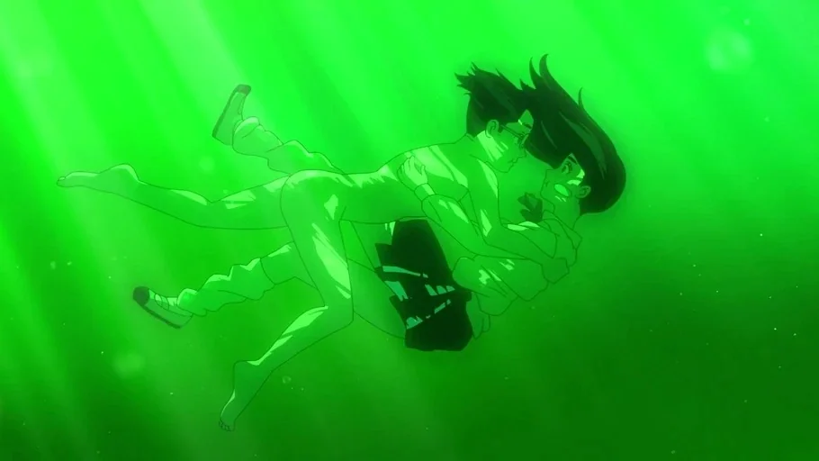 Dan Da Dan: First Encounter (2024) movie still: fullbody — Two individuals float submerged in a bright green body of water. They embrace each other…