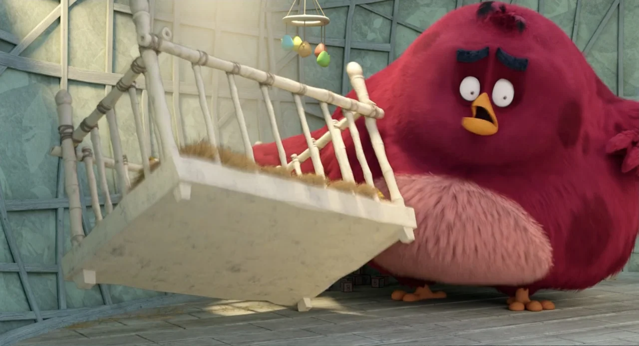 The Angry Birds Movie 2 (2019) movie still: medium — A brightly lit indoor space features light-colored wall panels and a wooden floor. A large…