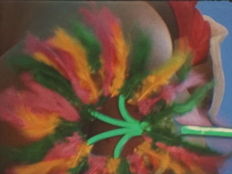 Salome (1972) movie still: closeup — A close-up shot of a decorative fan made with vibrant orange, pink, and green feathers. The fan is positioned…