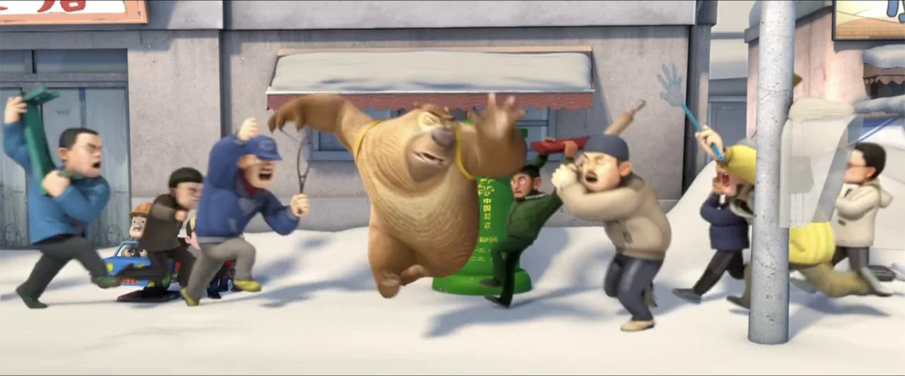 Boonie Bears: A Mystical Winter (2015) movie still: fullbody — A snowy street in a small town features a green postbox and snow-covered ground. A…