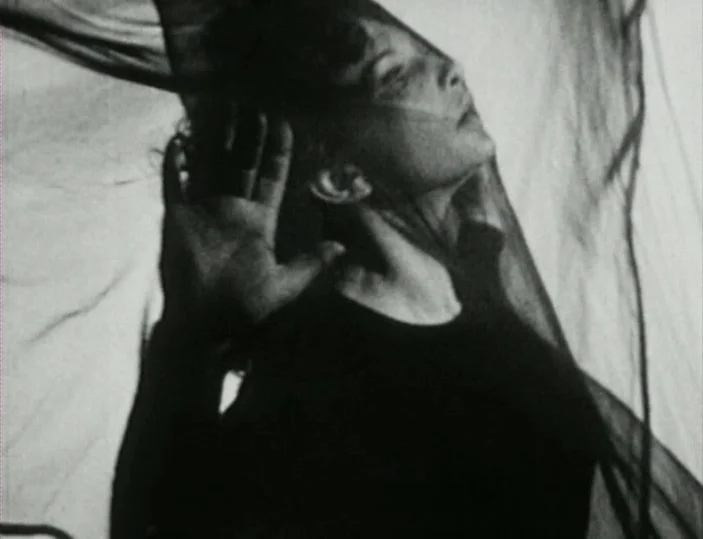 Meshes of the Afternoon (1943) movie still: closeup — A close-up of a woman partially obscured by a thin, dark, translucent veil. The subject…