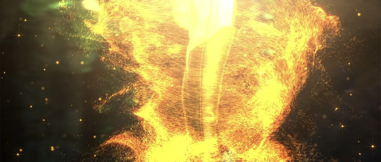 Cinderella and the Secret Prince (2018) movie still: establishing — A dense cloud of golden embers and radiant light swirls within a dark void.…