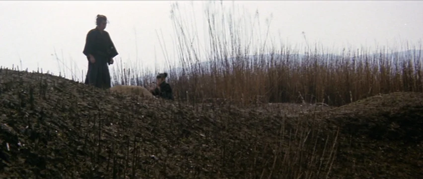 Lone Wolf and Cub: White Heaven in Hell (1974) movie still: wide — An open field featuring dark, churned earth and tall patches of dried, withered…