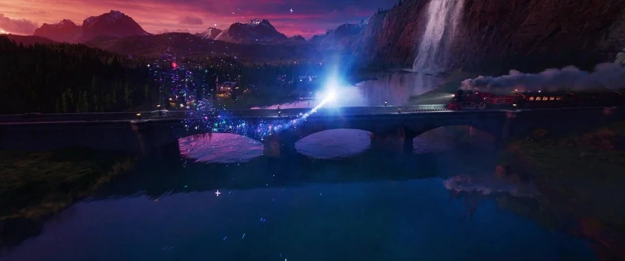 Inside Out 2 (2024) movie still: wide — A stone arch bridge crosses a wide river beneath a dramatic purple sunset sky. A steam train travels across…